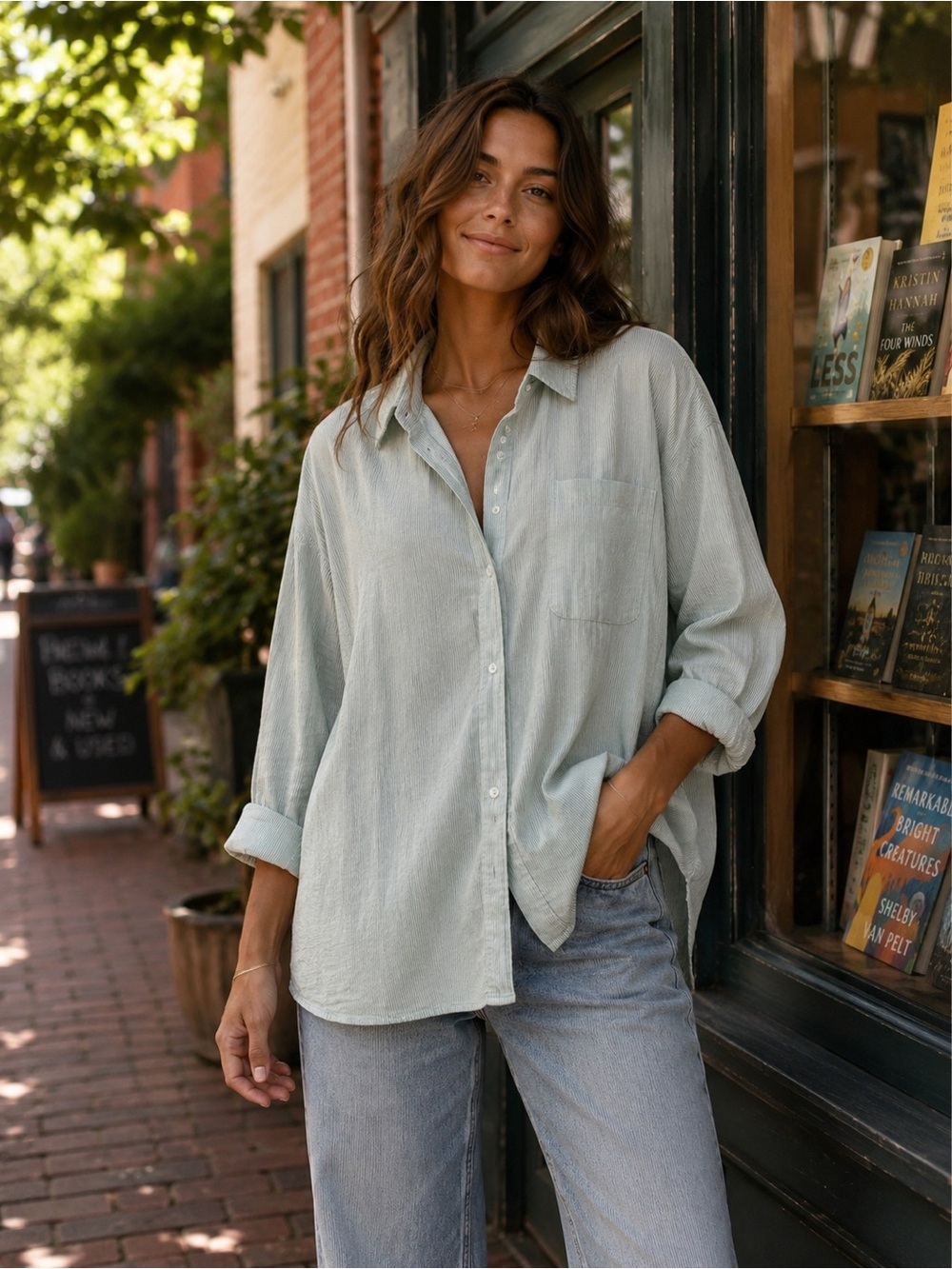 MABLE Sage Green Striped Oversized Button Down Shirt Medium Cotton